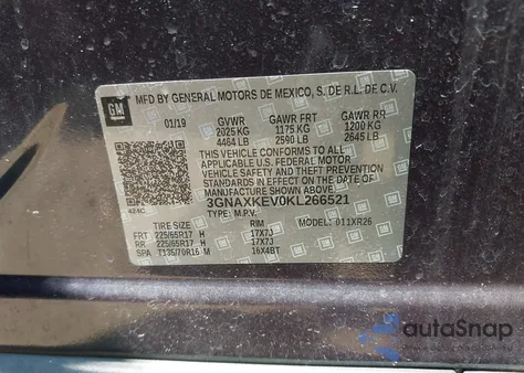 2019 Chevrolet Equinox Lt from USA, damaged, VIN 3GNAXKEV0KL266521